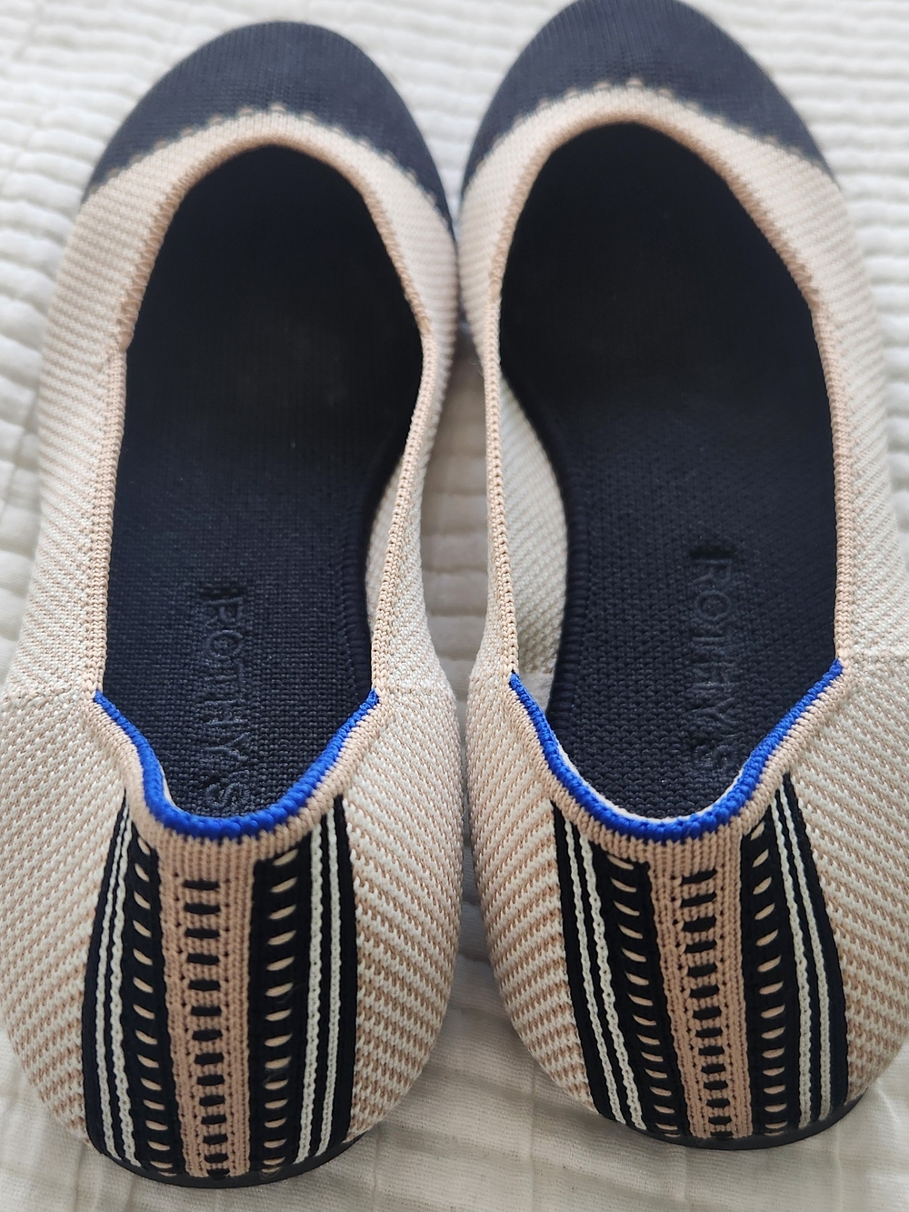 Rothy's Beige Knit Flats with Black Toe and Blue Trim